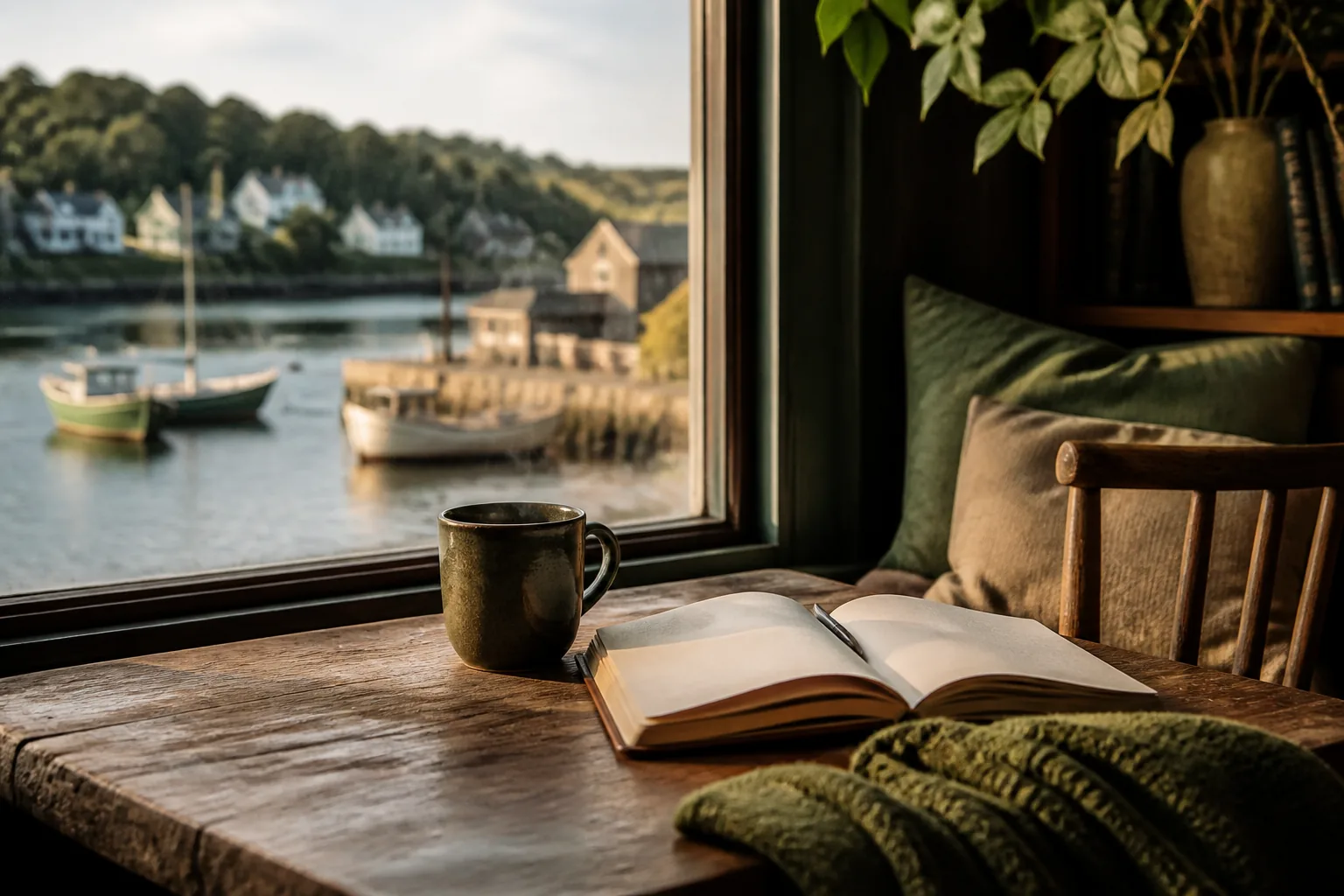 A harbour-side reading nook with a journal and a warm mug