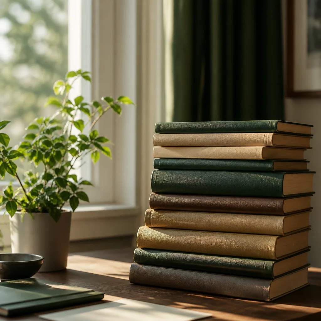 Economics books beside a window